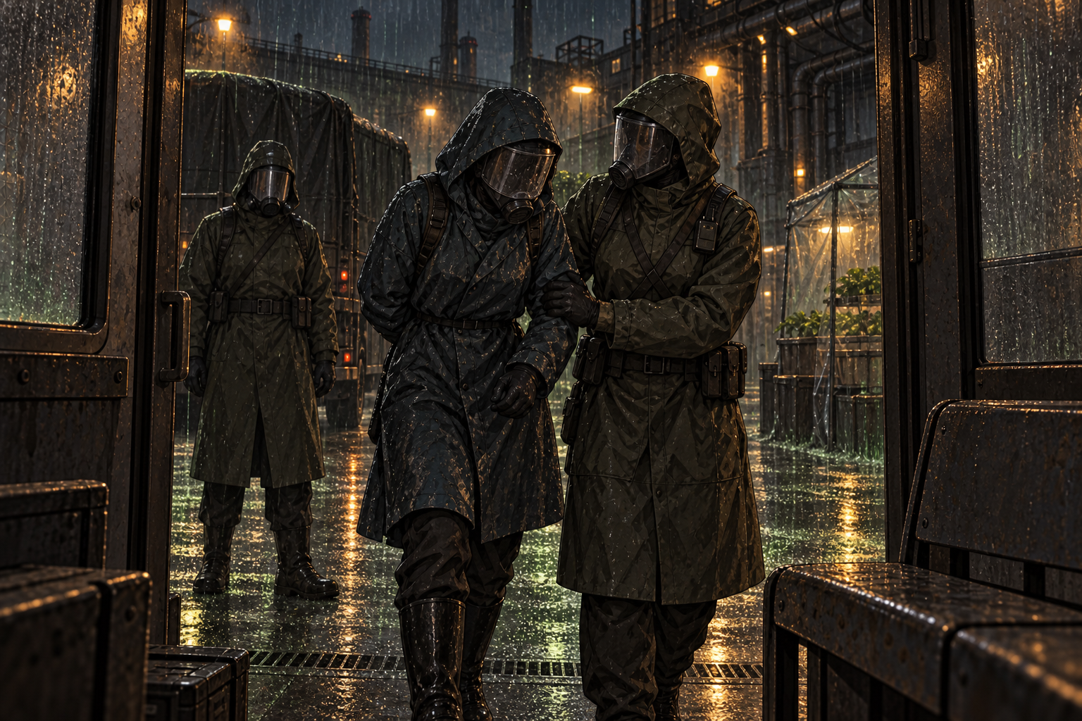 Cinder is arrested outside an enclosed transit shelter as pale green rain runs from the officers' protective clothing.