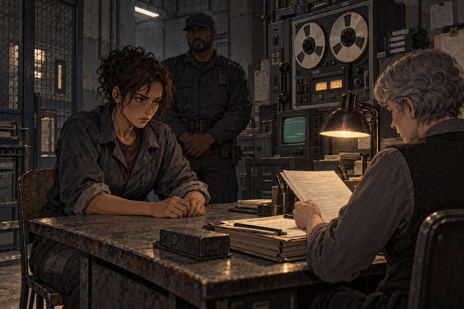 In a dry intake room, Cinder sits opposite a clerk while an officer watches; large data reels and a CRT stand behind the desk.