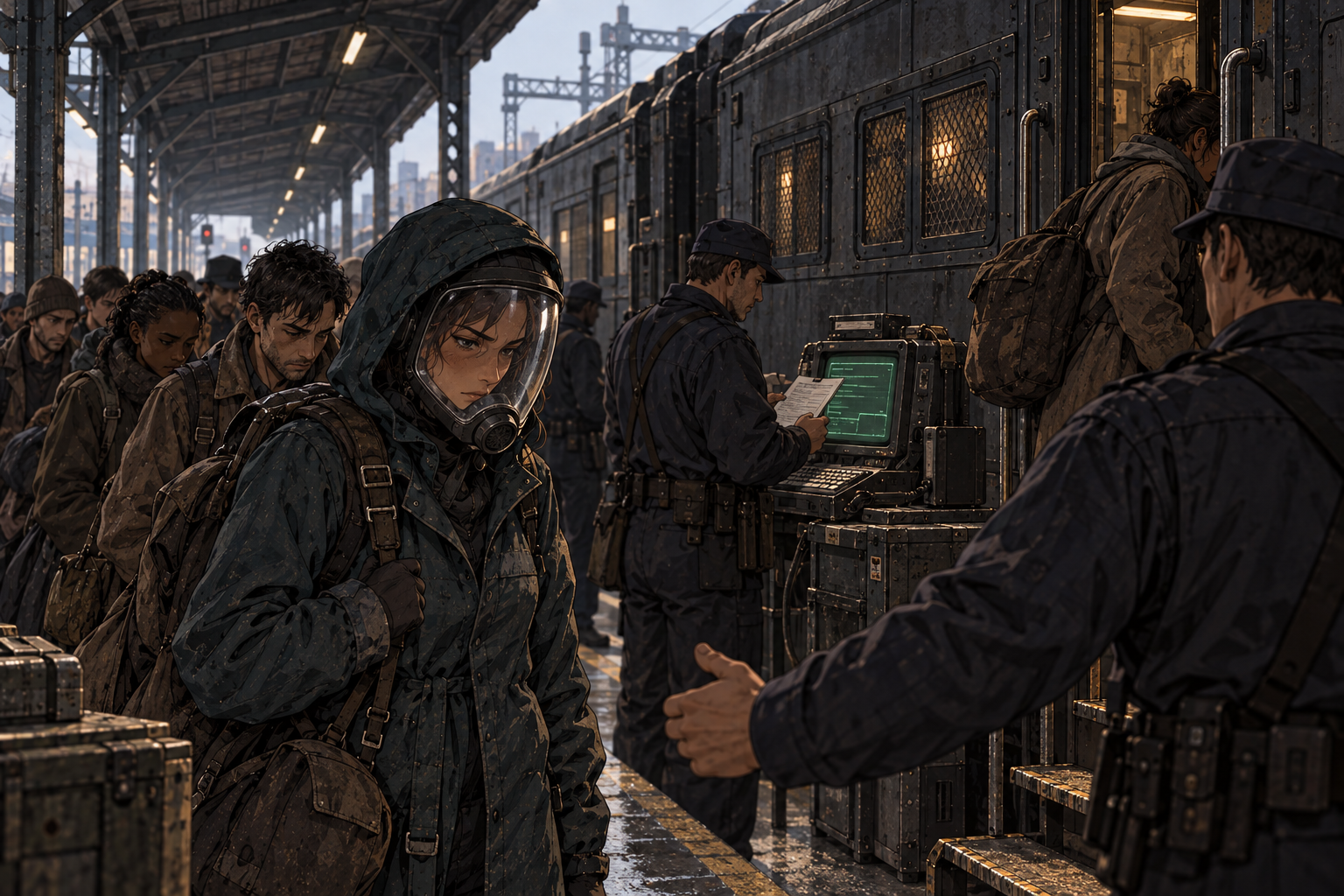 Cinder waits under escort beside an old custody train on a cold covered platform; an officer checks the movement papers against a rugged CRT terminal.