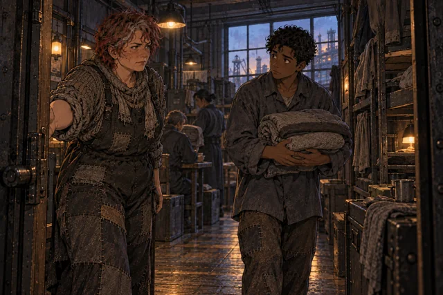Scene featuring Runa Drell: left, making room in the doorway