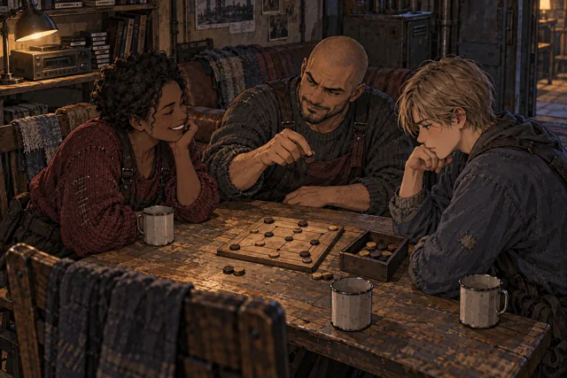 Scene featuring Eren Brevik: right, blond teenager studying the board