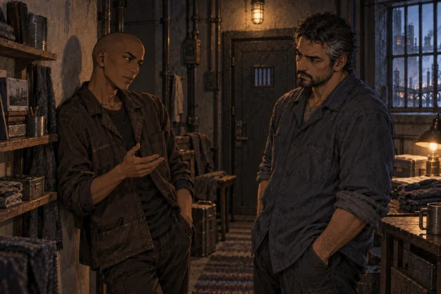 Scene featuring Havin Osk: left, speaking beside his shelf