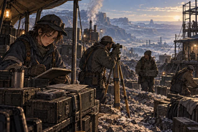 Scene featuring Adal Krehn: centre-left, using the survey instrument