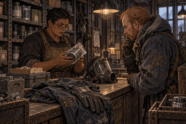 Scene featuring Gregor Ost: right, leaning toward the counter