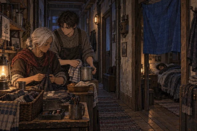 Scene featuring Dana Vesnik: centre, standing beside the cooking pot