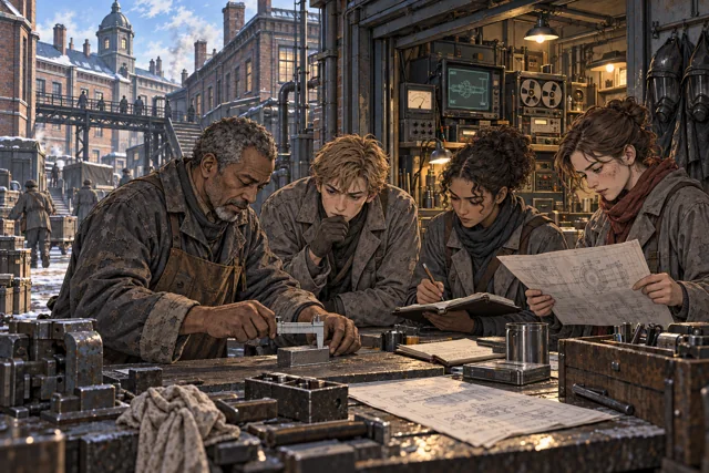 Scene featuring Adem Norvik: left, at the measuring bench