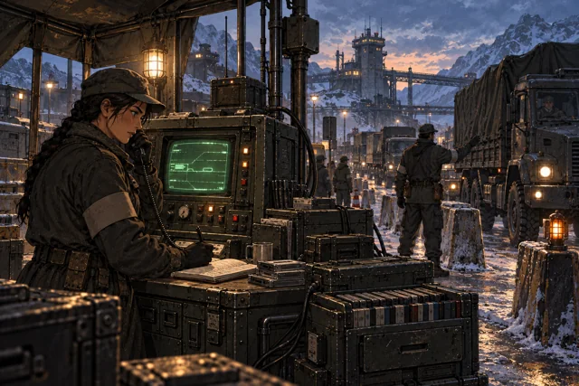 Scene featuring Mela Vorst: left foreground, at the checkpoint kiosk