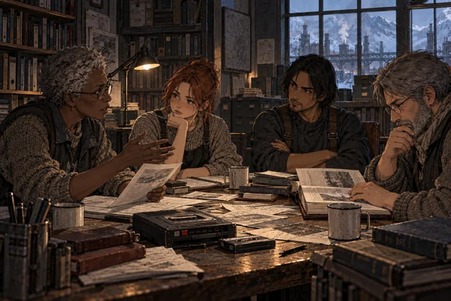 Scene featuring Daren Vosk: centre-right, arms folded