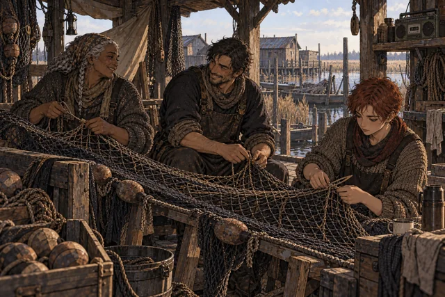 Scene featuring Jarek Rellin: centre, mending and talking