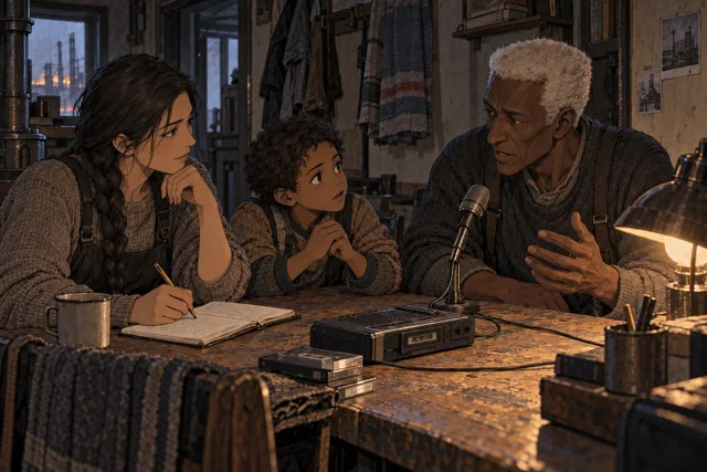 Scene featuring Kori Mahvek: child listening between the adults
