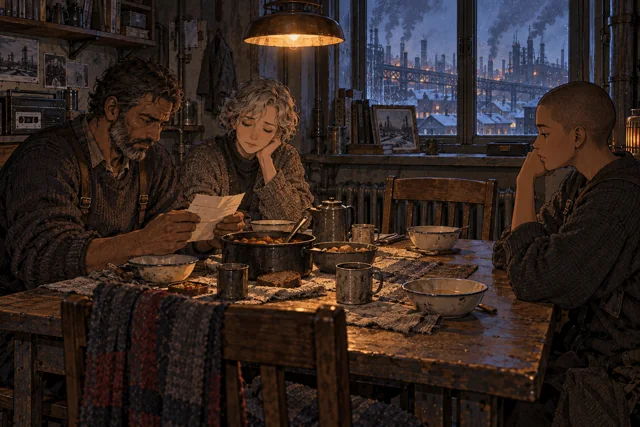 Scene featuring Boris Temel: left, reading the folded paper