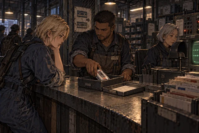Scene featuring Adil Nors: centre, placing the cassette in the tray