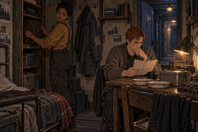 Scene featuring Amal Kerven: left, putting away the satchel