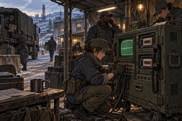 Scene featuring Jana Vehr: foreground, kneeling at the posting console