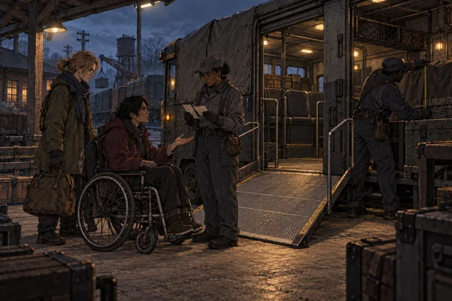 Scene featuring Mina Verov: centre, using the wheelchair