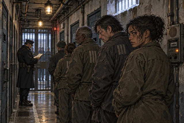 Scene featuring Aben Kors: centre-left, older prisoner in the queue