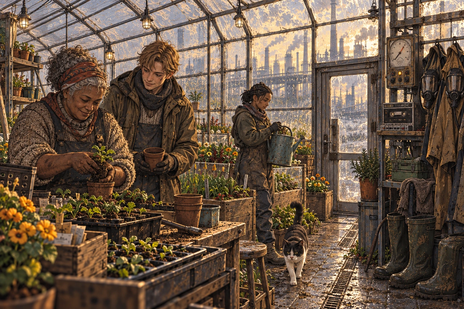 East Soot Gardens. East Soot Gardens shelters growers, food and flowers inside a full transparent greenhouse. The cat shares that shelter.