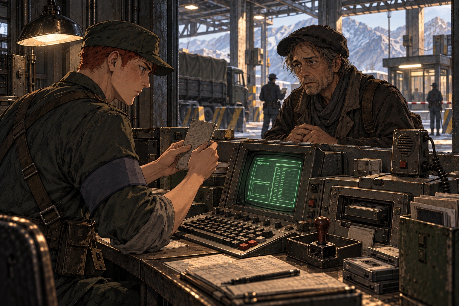 Jorin examines an older passenger’s papers across a checkpoint counter beside a CRT terminal and tape equipment.